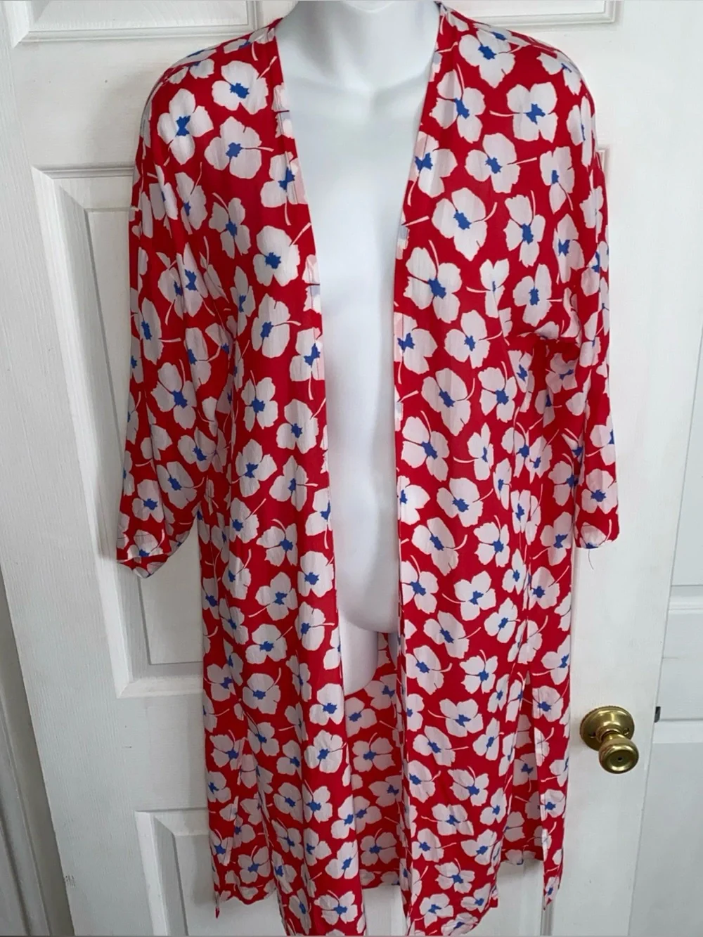 Loft Red & White Floral Kimono Cardigan Swimsuit Cover‎ Up Size XS Small